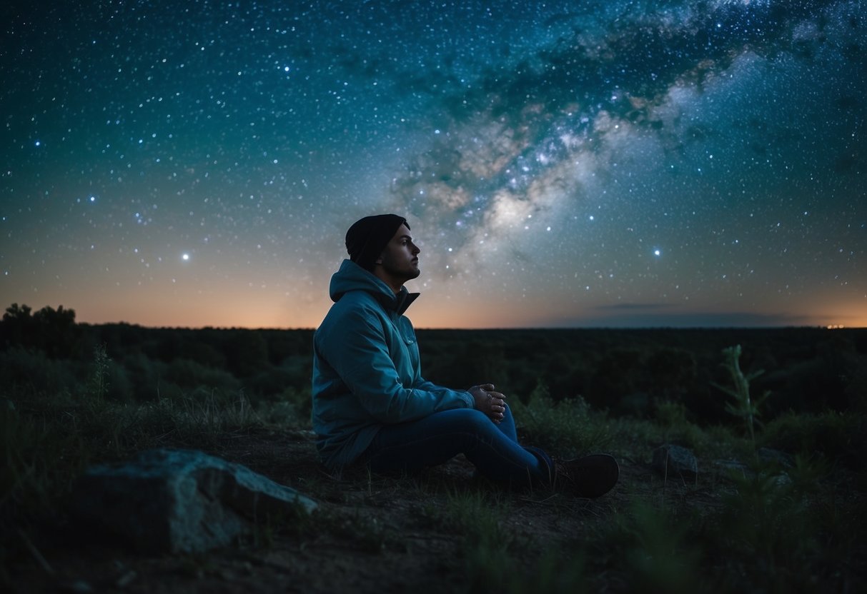 A solitary figure sits contentedly under a starry night sky, surrounded by nature and a sense of peace and independence