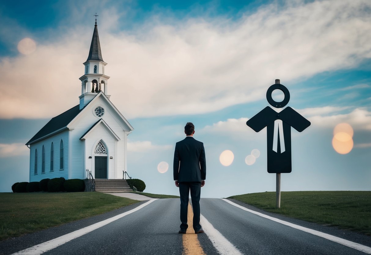 A solitary figure stands at a crossroads, one path leading to a traditional wedding chapel and the other to a path of independence and self-discovery