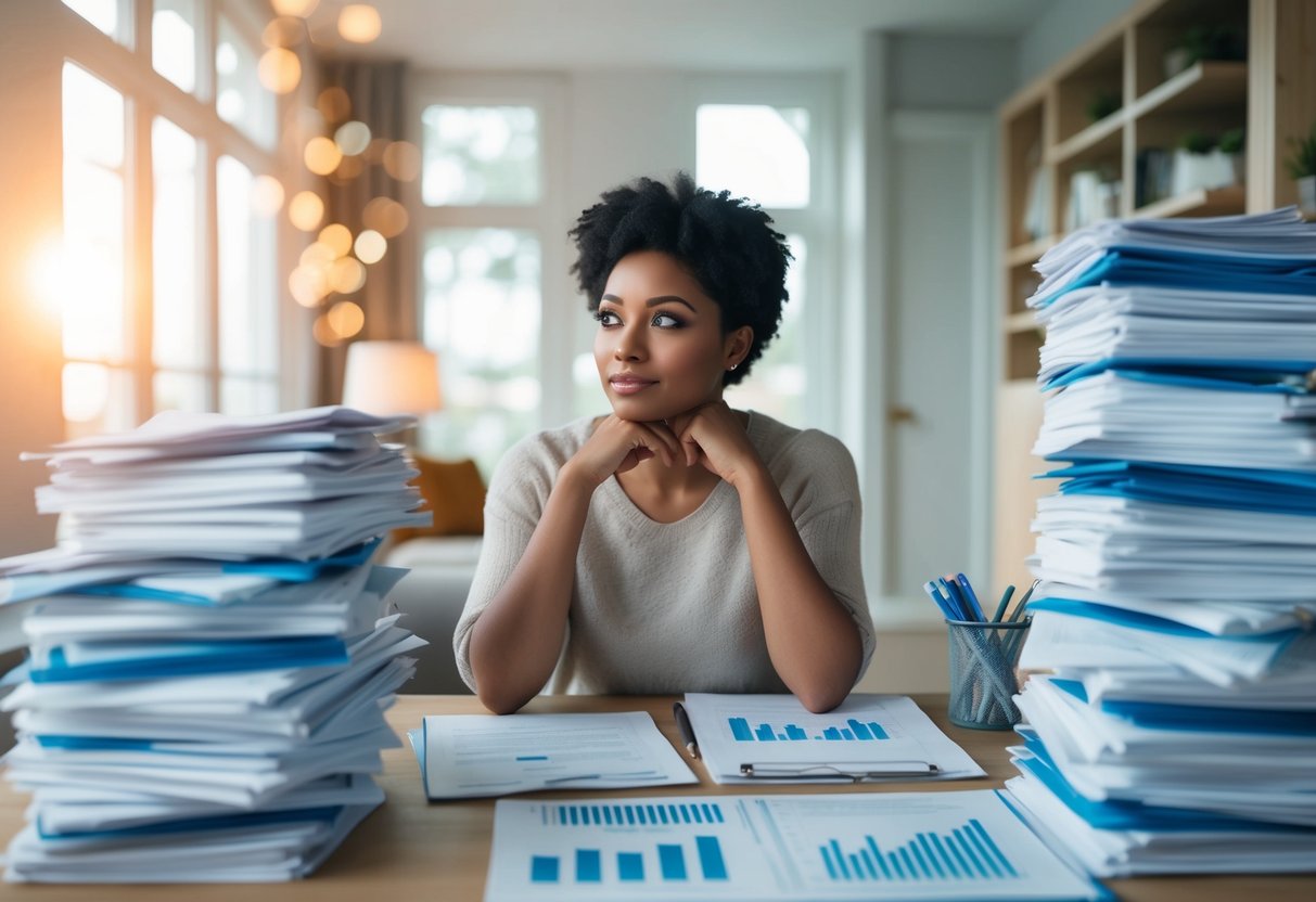 A person sitting in a cozy home office, surrounded by stacks of financial documents and charts, with a look of contemplation on their face
