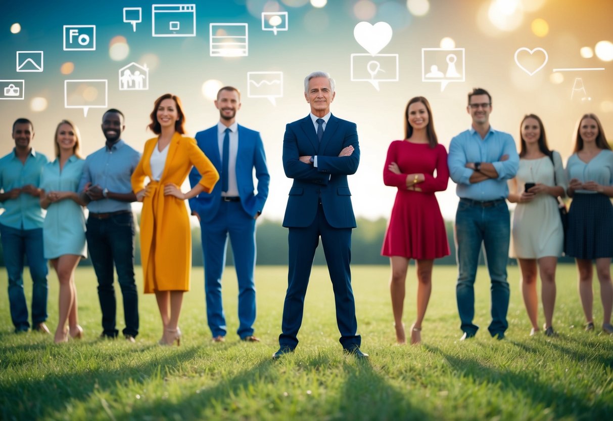 A solitary figure standing confidently amid a diverse array of lifestyles and relationships, symbolizing the freedom of choice in societal trends