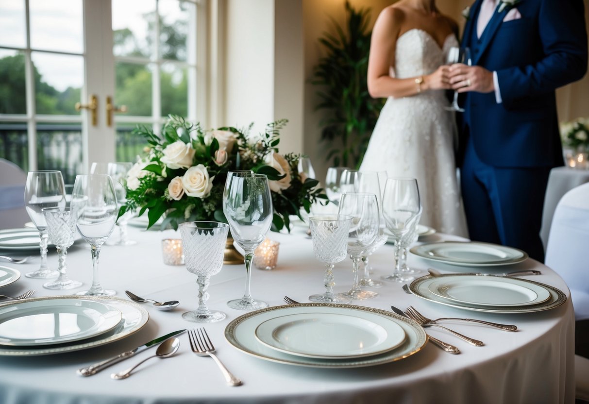 A table set with fine china, crystal glasses, and silverware. A bride and groom stand nearby, admiring the elegant place settings