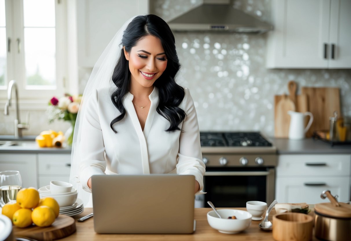 A modern bride browses online for kitchenware, linens, and unique experiences to add to her wedding registry