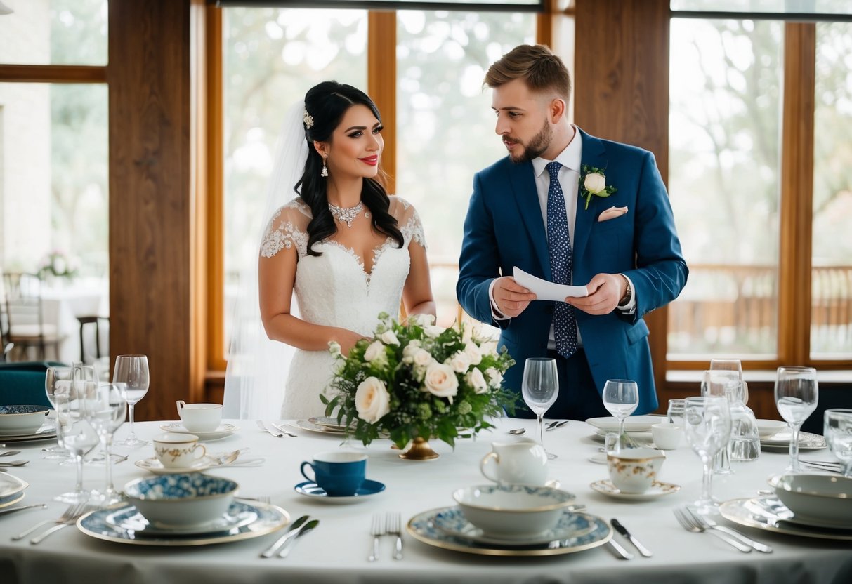 A table set with various china patterns, a bride considering options with a consultant
