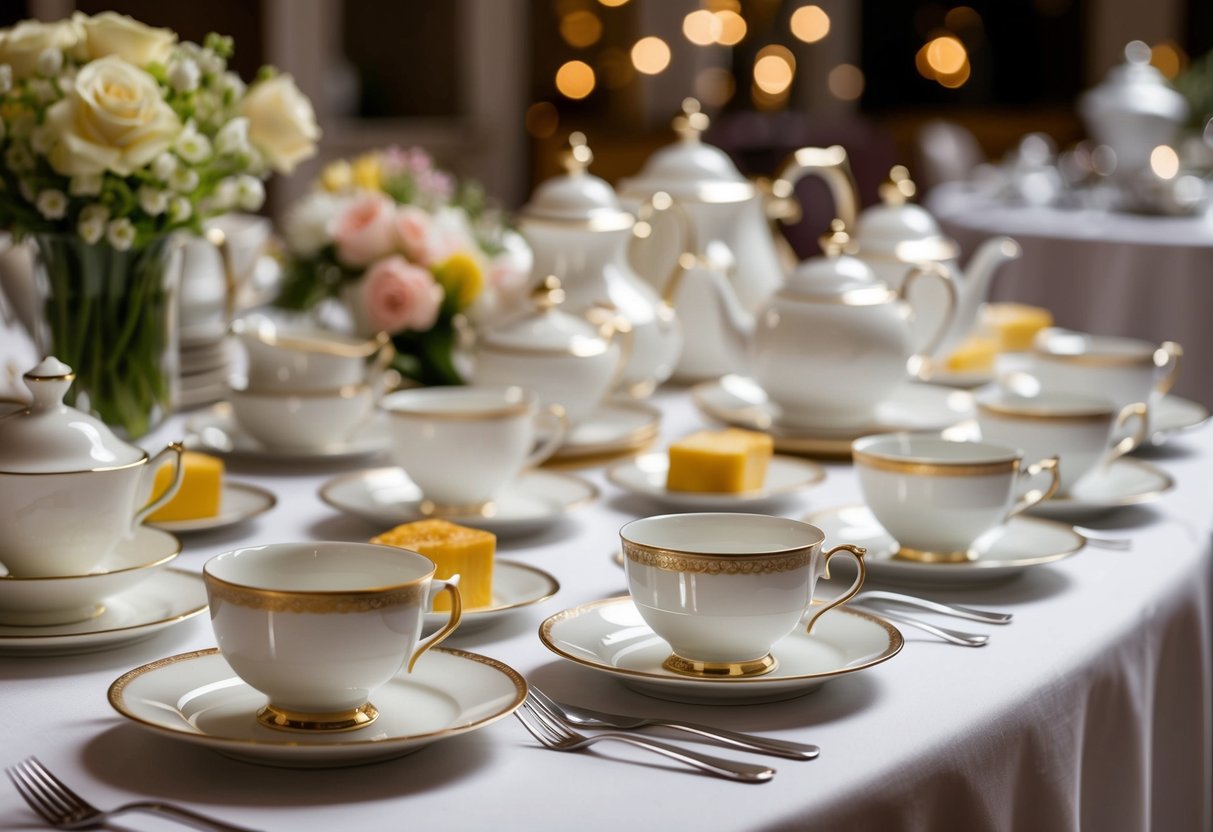 A table set with a variety of delicate china dishes, teacups, and saucers arranged in an elegant display