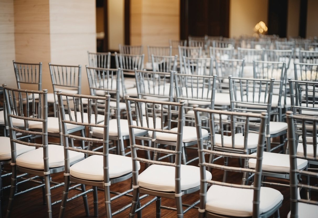 A wedding venue with rows of empty chairs set up for guests