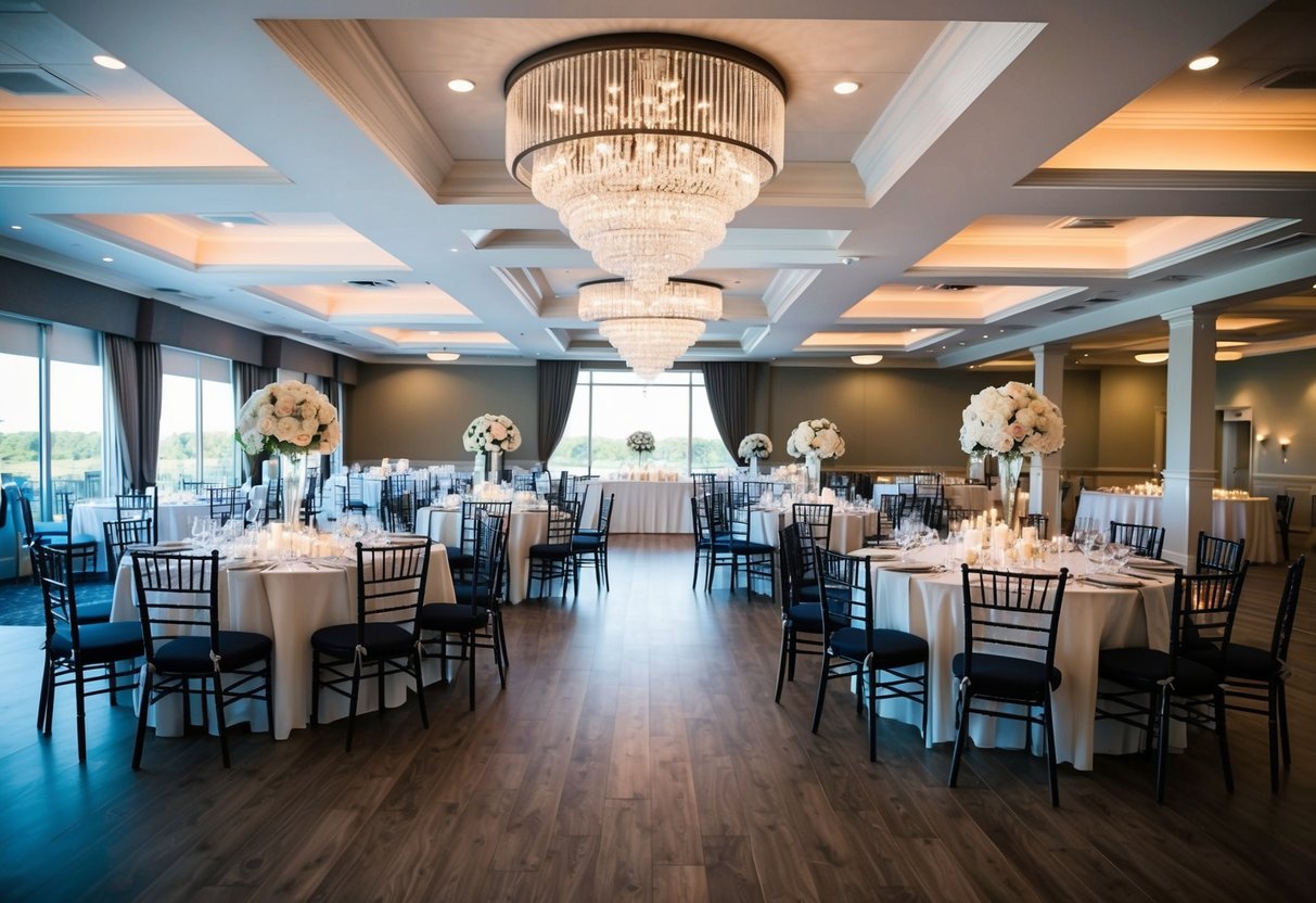 A wedding venue with tables and chairs arranged for a large number of guests, with a dance floor and decorations
