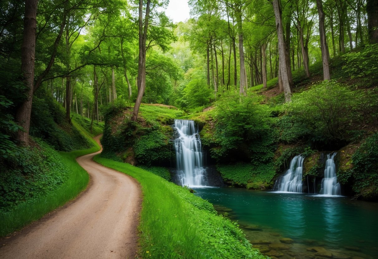 A winding path through a lush forest, leading to a secluded clearing with a small, sparkling waterfall and a cozy, hidden nook