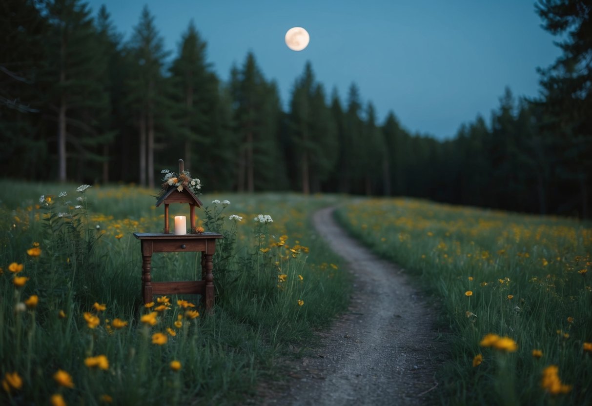 A moonlit forest clearing with a small, rustic altar adorned with wildflowers. A winding path leads into the distance