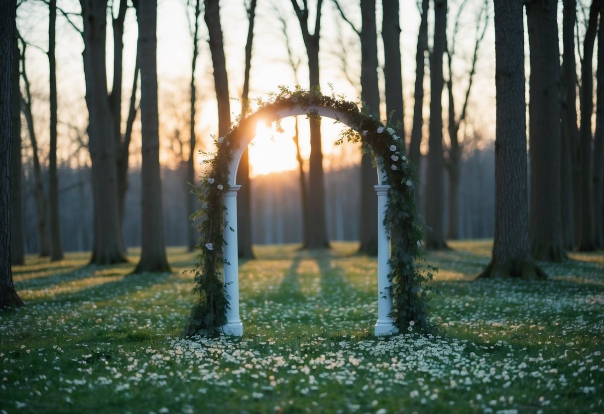 A serene forest clearing at sunset, with a simple arch and scattered petals, evoking a sense of quiet romance and fleeting intimacy