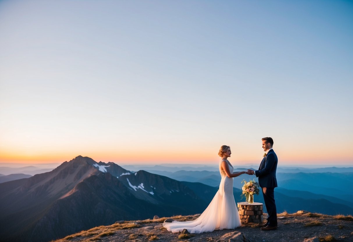 A serene mountain top at sunset, with a small, elegant wedding setup and a couple exchanging vows