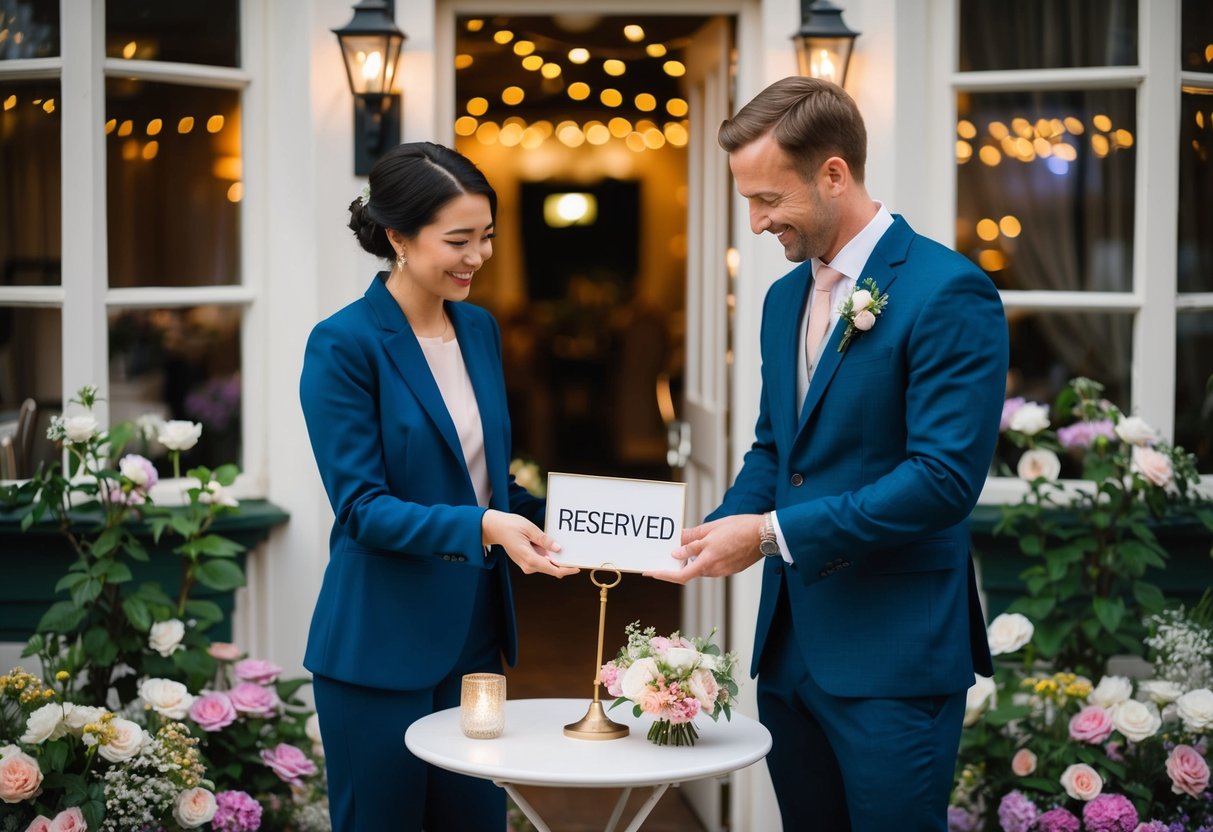 A couple standing in front of a quaint, intimate venue, placing a "Reserved" sign on a small table, surrounded by blooming flowers and twinkling lights