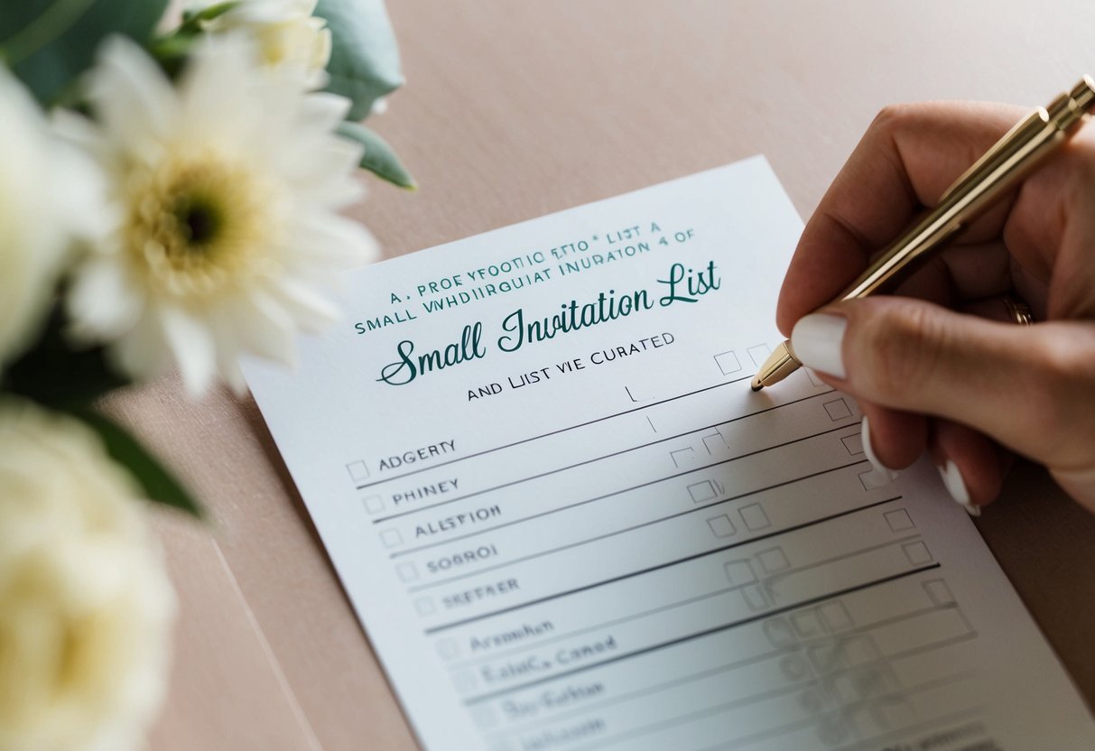 A small wedding invitation list being carefully curated, with names being crossed off a list