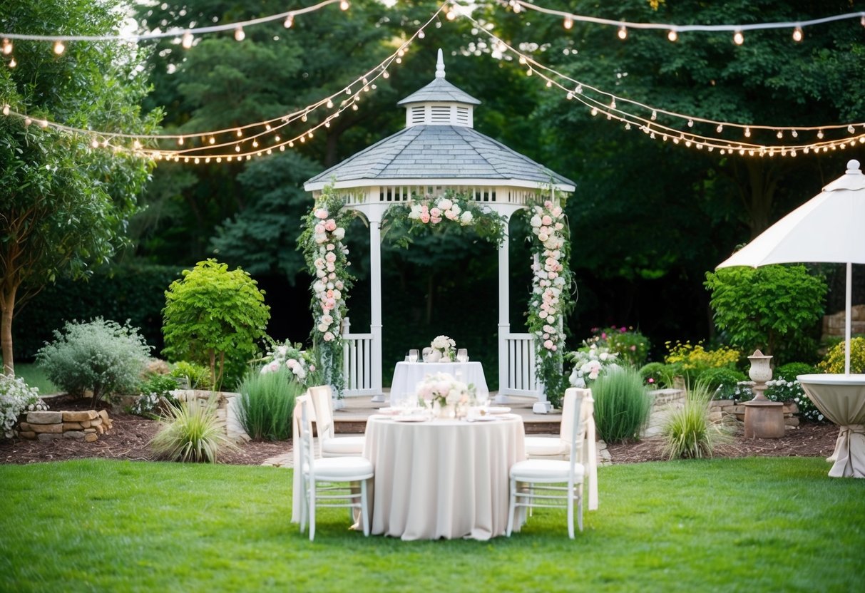 A serene garden with a gazebo, floral arch, and small seating area. A table set for a reception under a canopy of fairy lights