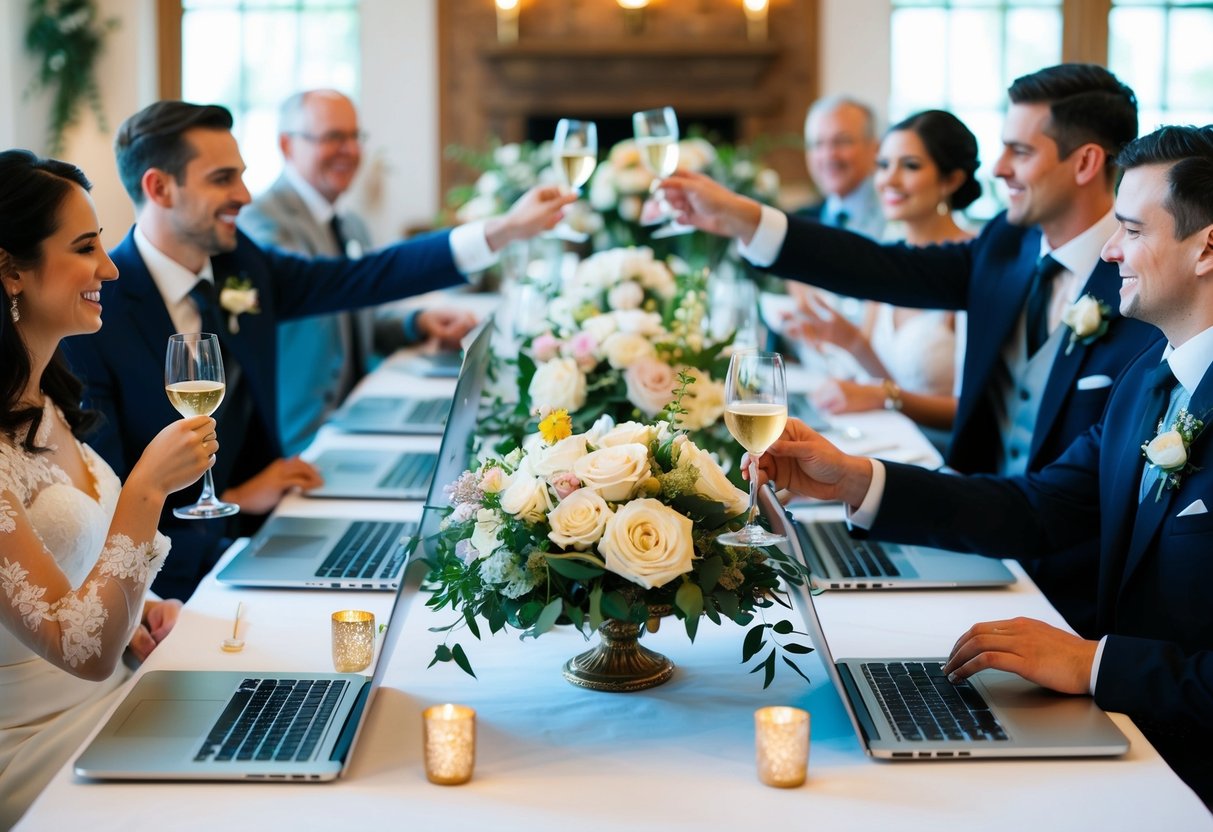 A table adorned with floral centerpieces, surrounded by virtual guests on laptops, with a bride and groom-to-be raising a toast