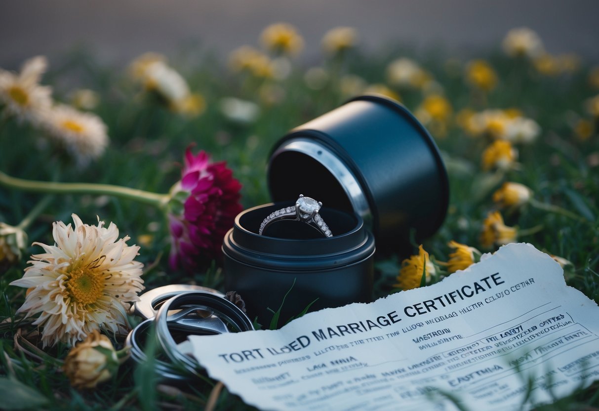 A wedding ring tossed into a trash can, surrounded by wilted flowers and a torn-up marriage certificate