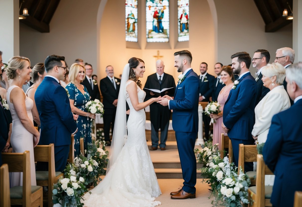 A bride and groom standing at the altar, surrounded by guests, exchanging vows and rings before quickly parting ways