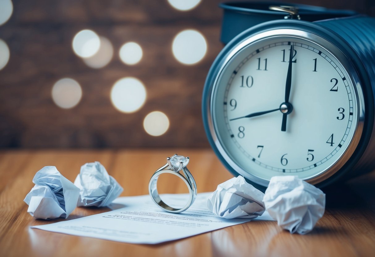 A wedding ring tossed into a trash can, surrounded by crumpled divorce papers and a clock showing three minutes