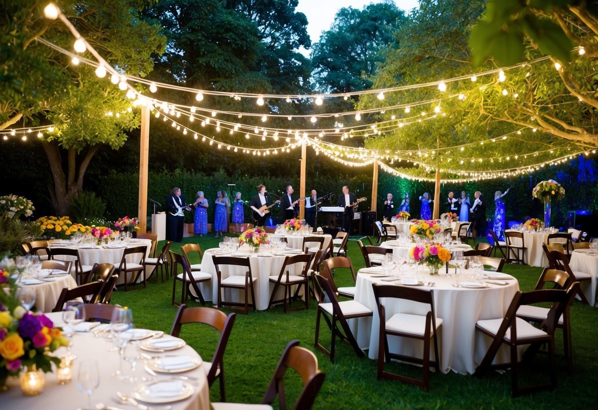 A garden party with colorful flowers, twinkling lights, and a canopy of trees. Tables are set with elegant place settings and a live band plays in the background
