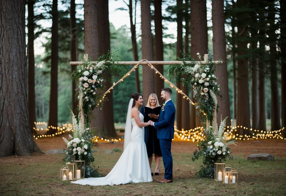 A couple exchanging vows in a forest clearing, surrounded by towering trees and twinkling fairy lights