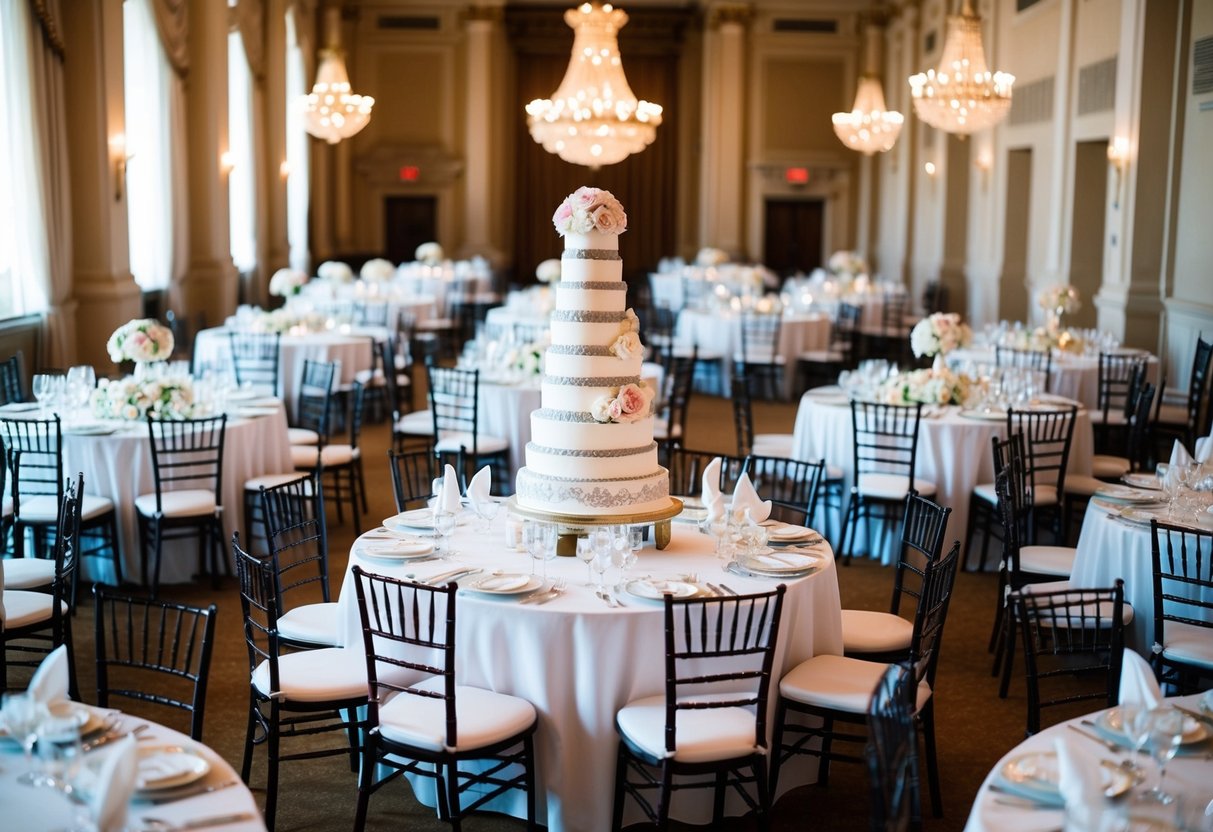 A grand hall filled with round tables, draped in white linens, surrounded by elegant chairs. A towering tiered cake sits at the center of the room, adorned with flowers and intricate designs