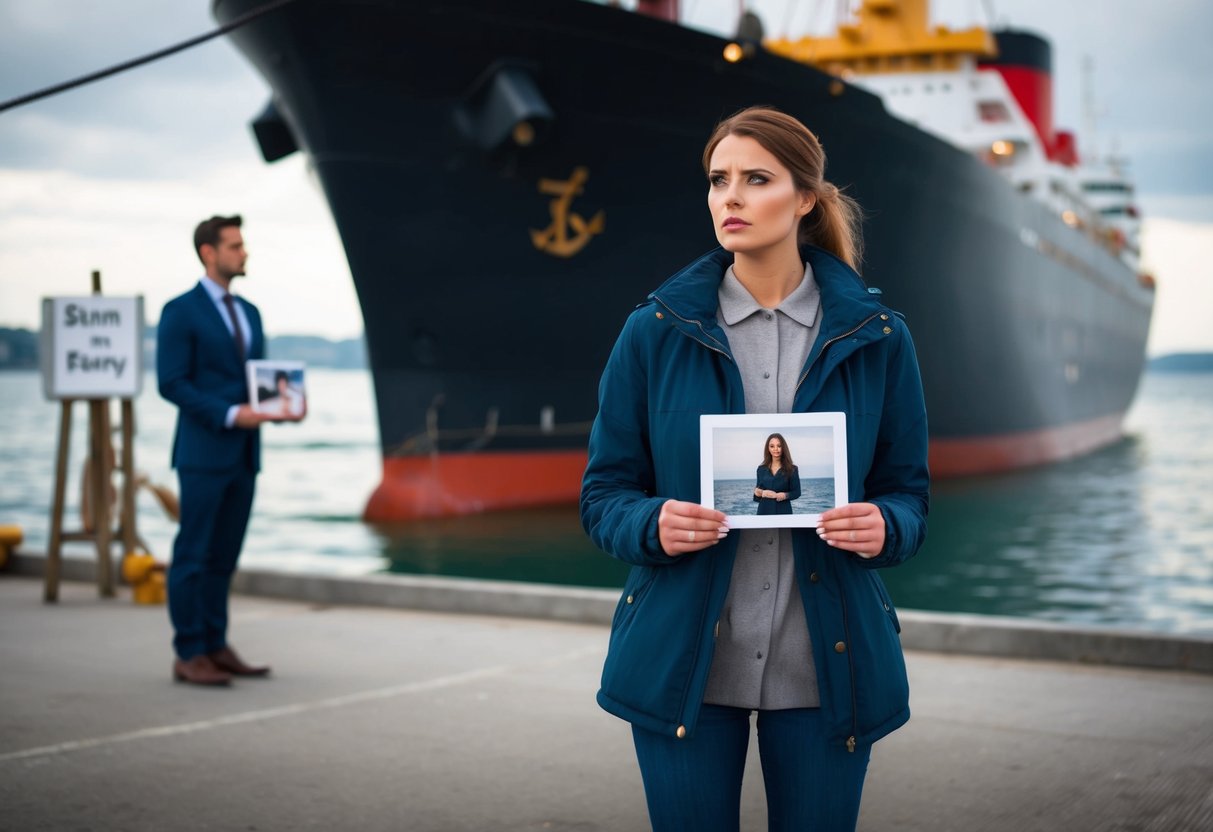 A young woman stands alone in front of a ship, holding a photograph and looking uncertain. A man waits on the other side, holding a sign with her name