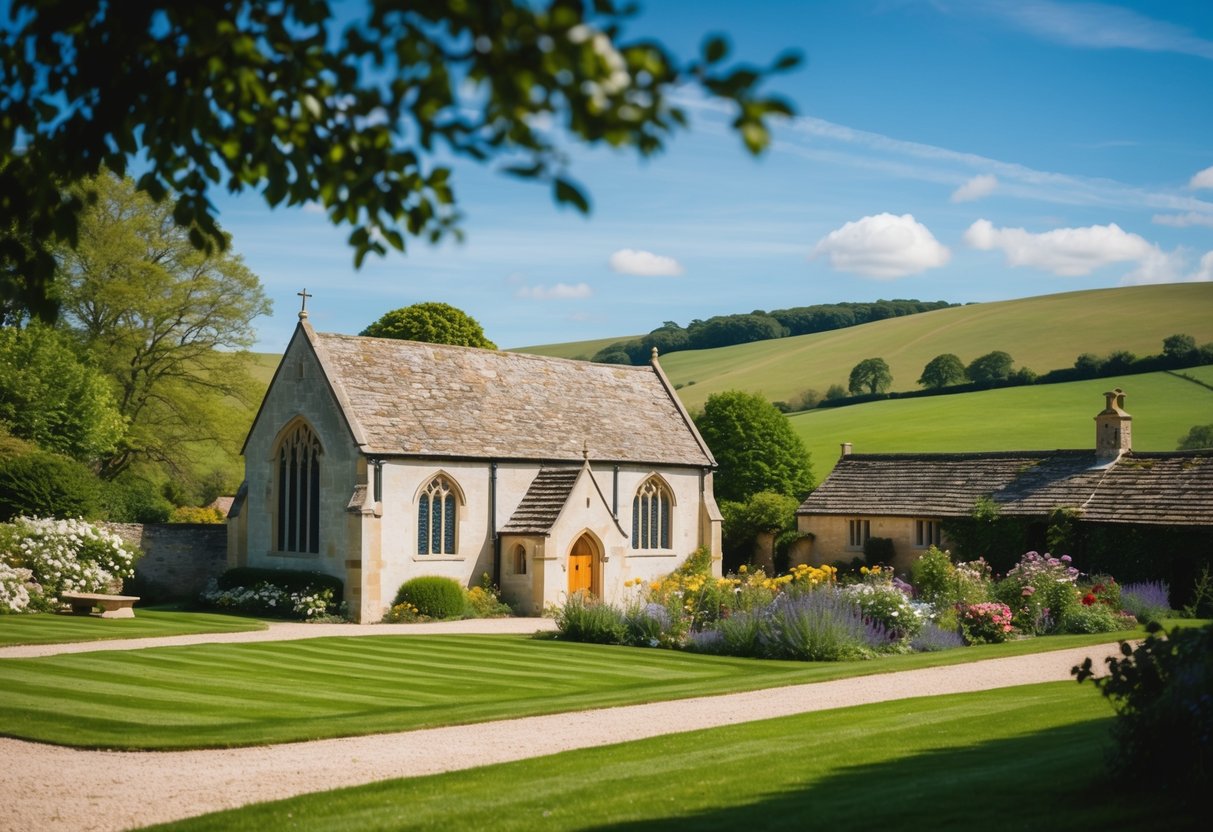 A picturesque English countryside setting with a charming stone church and a spacious garden filled with blooming flowers, surrounded by rolling hills and a clear blue sky