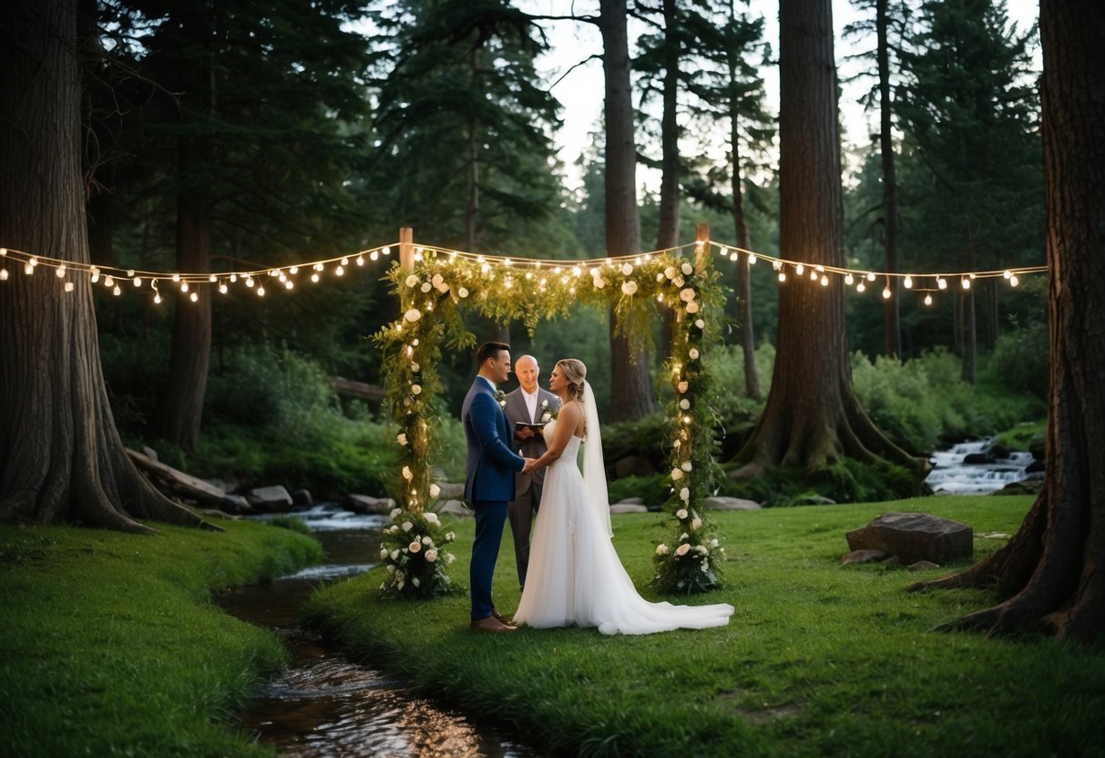 A couple exchanges vows in a lush forest clearing, surrounded by towering trees and twinkling fairy lights. A small creek runs nearby, adding a serene touch to the unconventional wedding setting