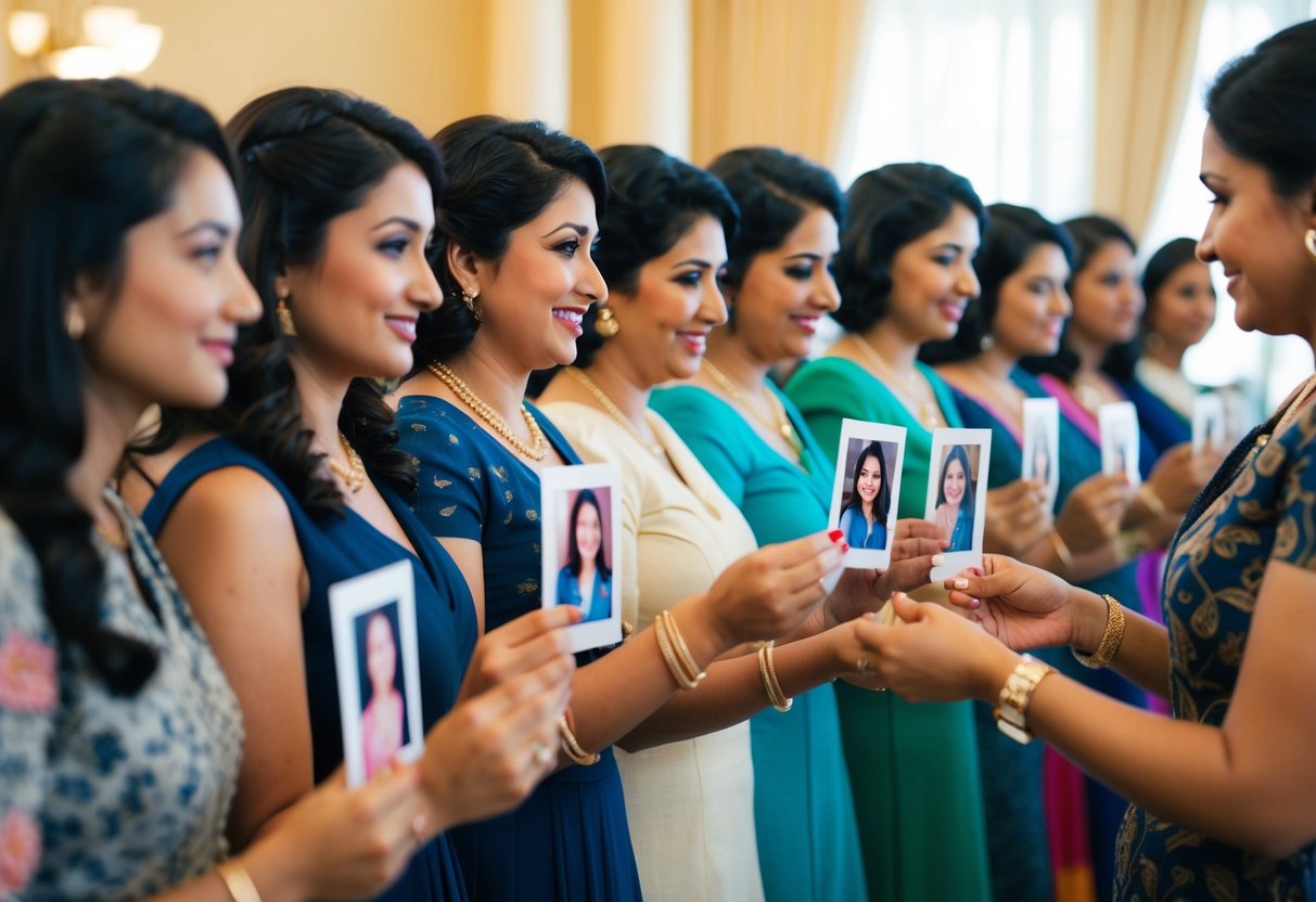 A group of women stand in line, holding photographs and exchanging them with men. A matchmaker oversees the process