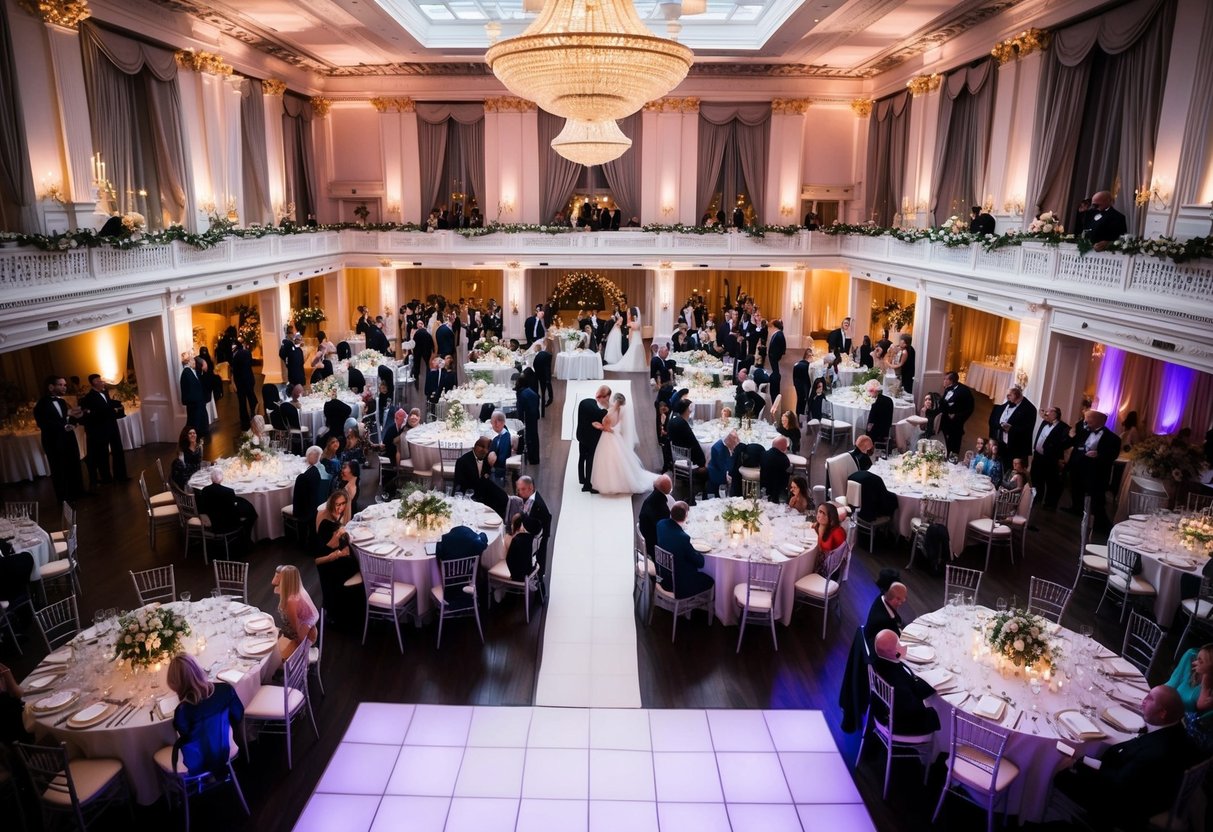 A grand banquet hall filled with elegantly decorated tables and a spacious dance floor, surrounded by joyful guests celebrating a UK wedding