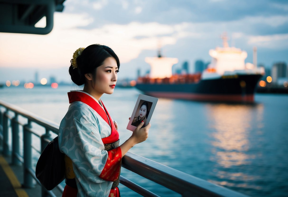 A young woman in traditional Japanese attire waits nervously at a port, clutching a photograph and looking out at the incoming ship