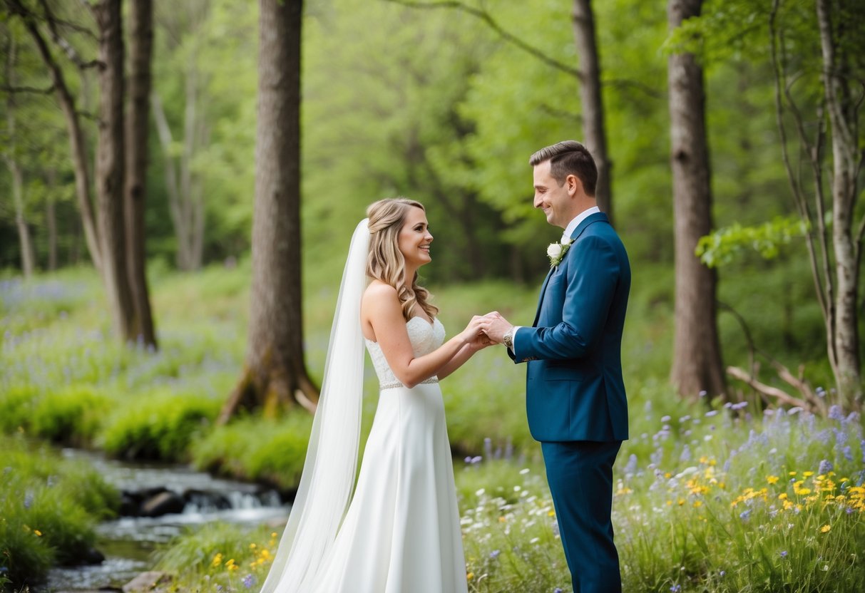 A couple exchanging vows in a forest clearing, surrounded by trees and wildflowers, with a small stream running nearby
