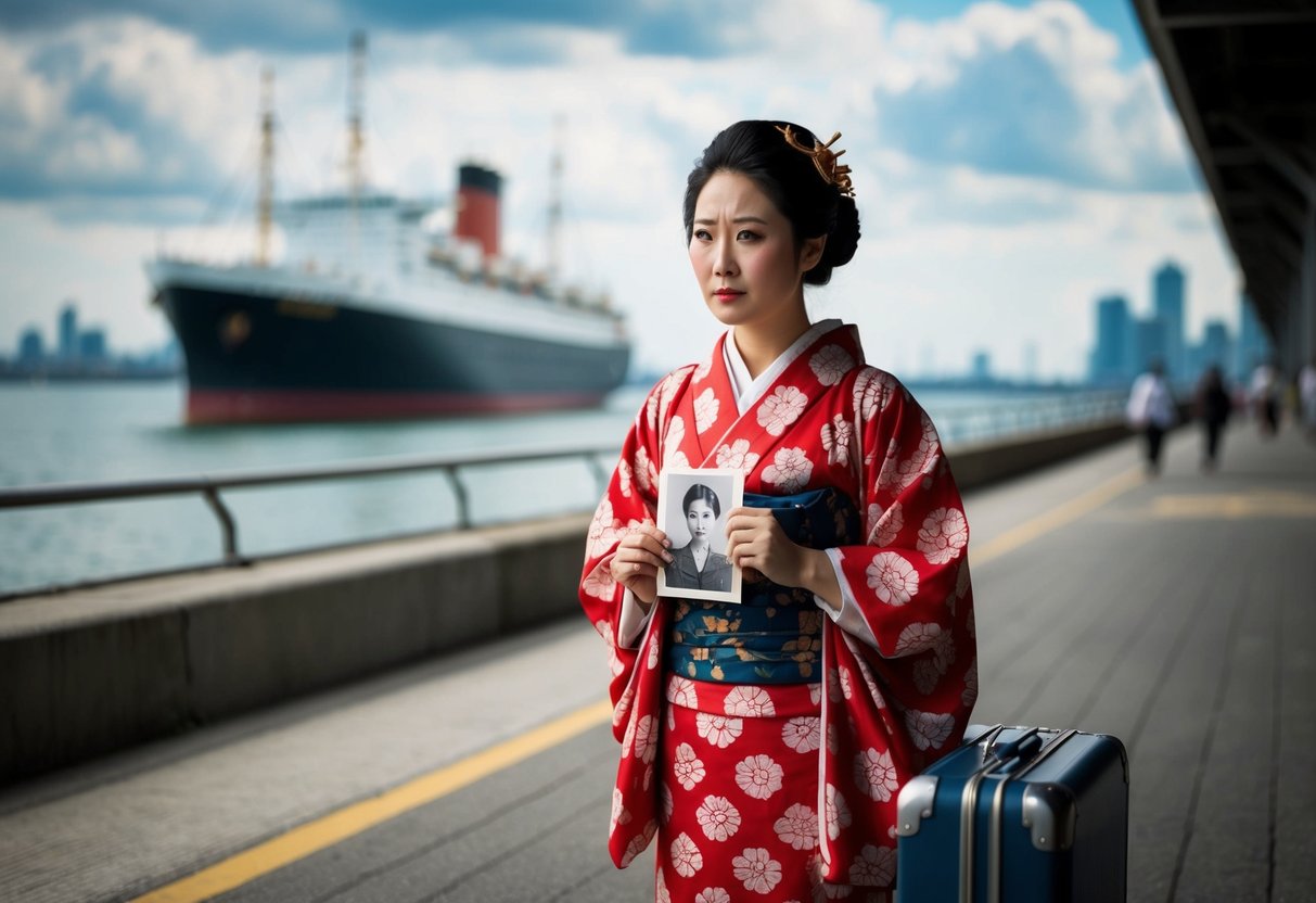 A young woman in traditional Japanese attire waits nervously at a port, clutching a photograph and a small suitcase. A ship looms in the background, ready to take her to a new life in America