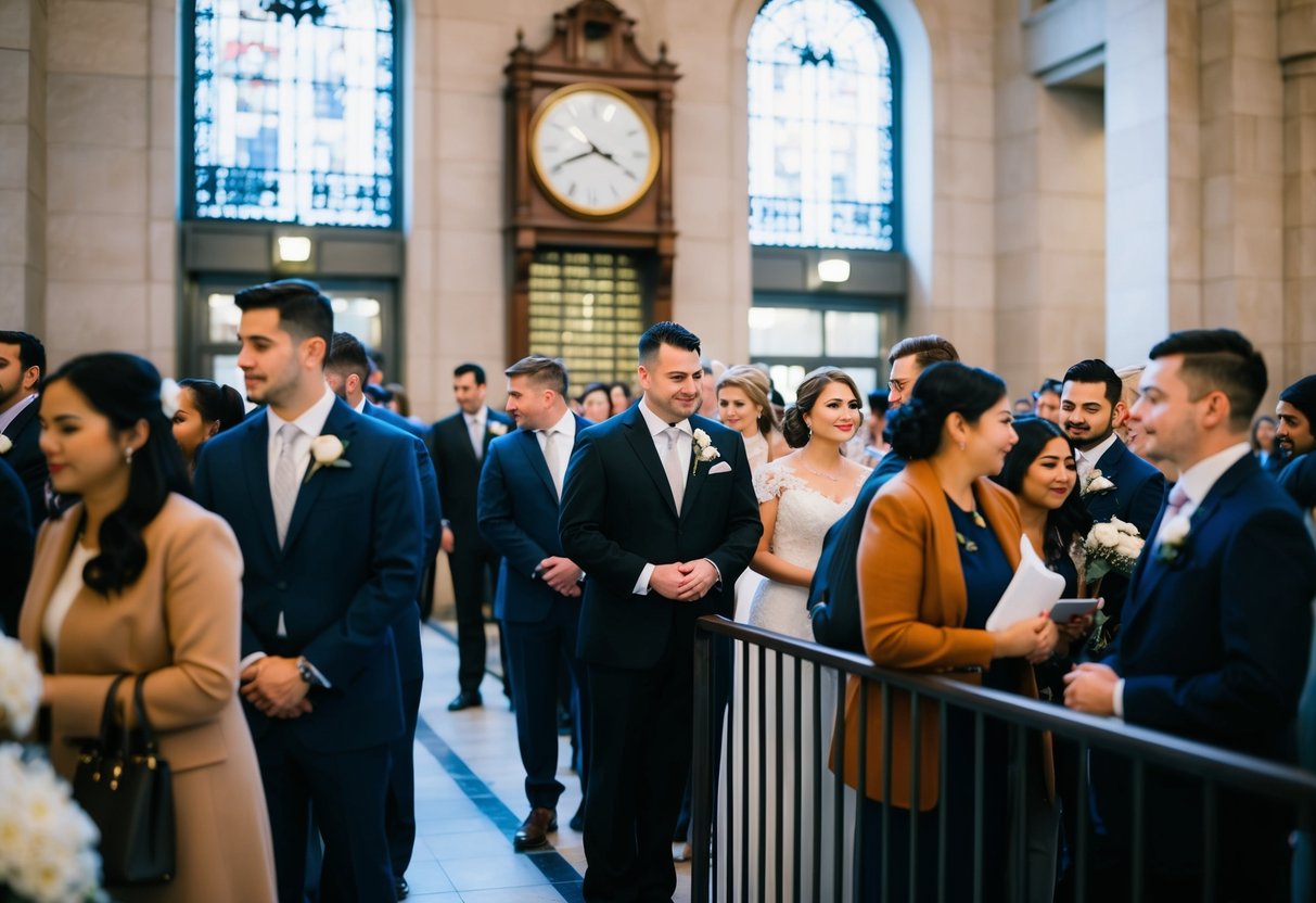 A bustling city hall with a line of couples waiting to get married, a clock on the wall showing the time rushing by