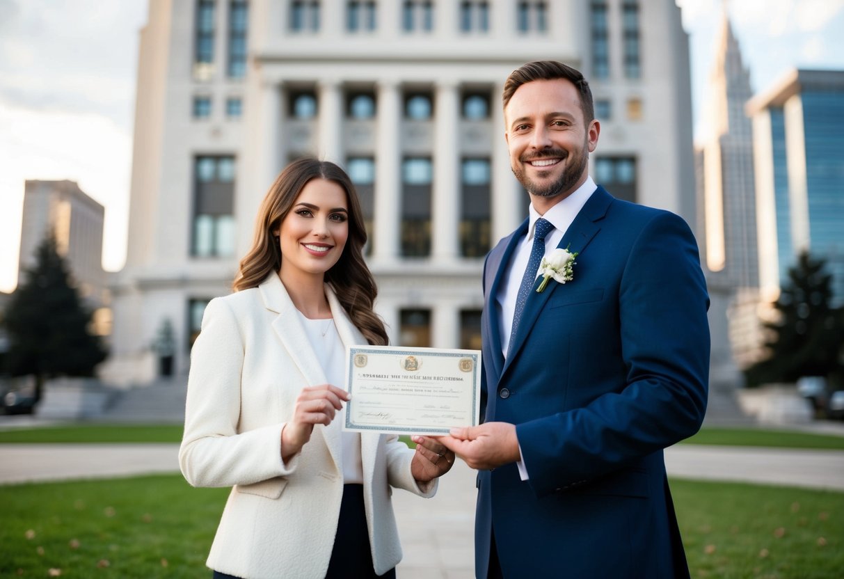 A couple standing in front of a city hall, with a smiling official holding a marriage certificate