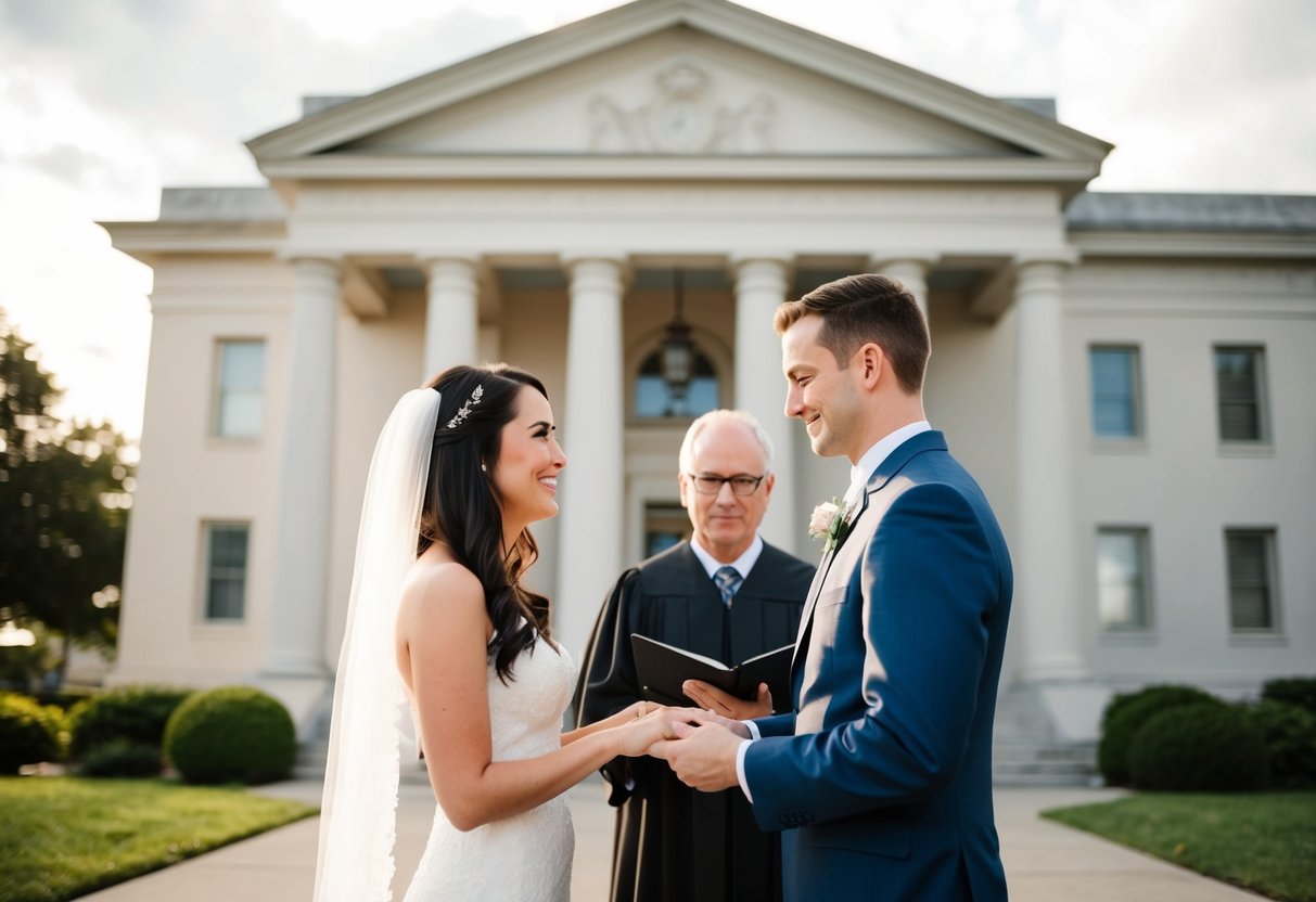 A couple standing in front of a courthouse with a justice of the peace, exchanging vows quickly