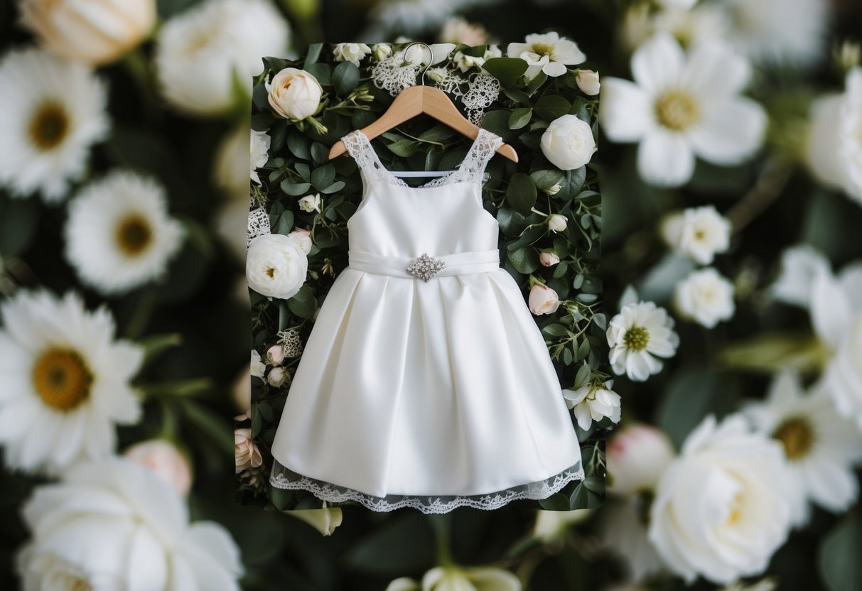 A small white wedding dress on a hanger, surrounded by flowers and lace