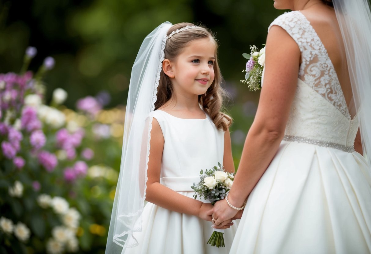 A young girl wearing a white dress and veil, holding a small bouquet, stands beside a bride, mirroring her pose and expression