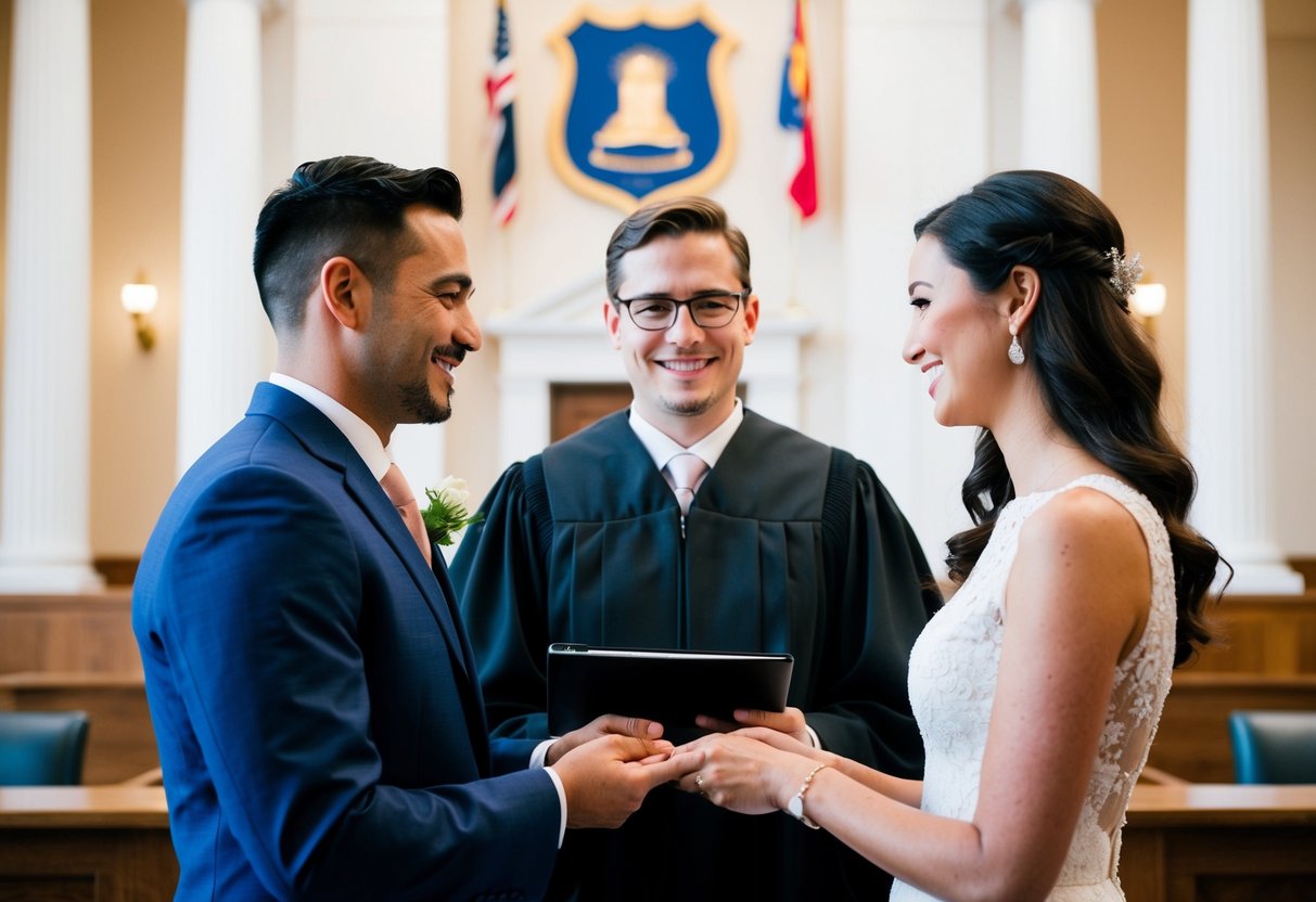 A couple standing at a courthouse with a clerk, exchanging vows