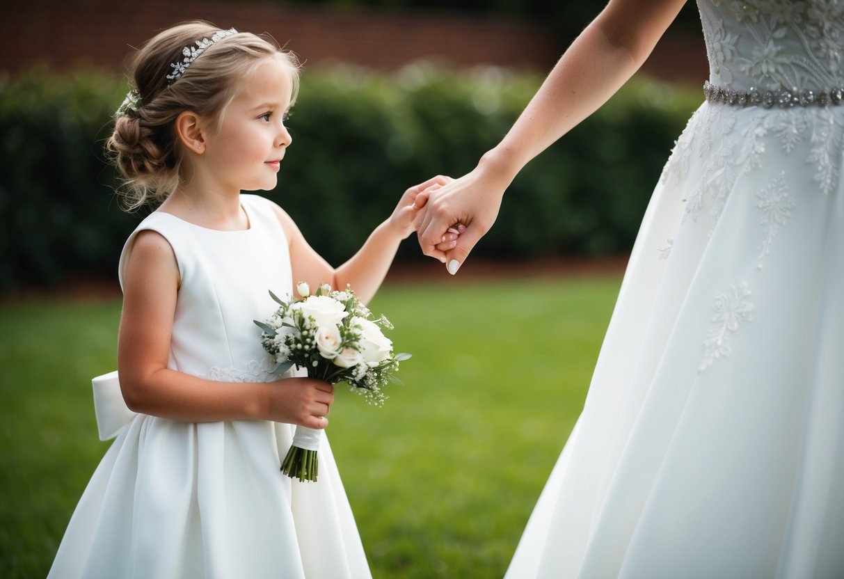 A young girl in a white dress stands beside the bride, holding a small bouquet and mimicking her every move