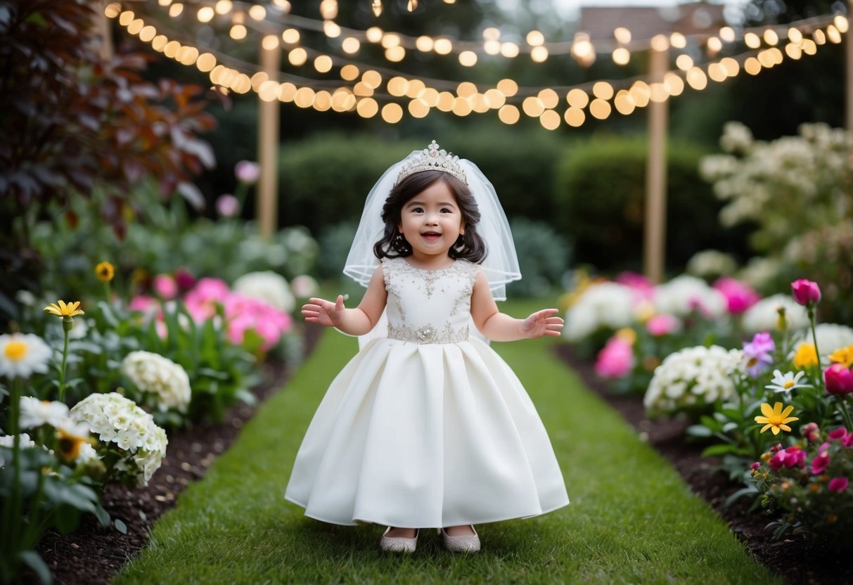 A beautifully adorned mini bride stands in a garden, surrounded by blooming flowers and twinkling fairy lights, with a sense of joy and wonder in her eyes