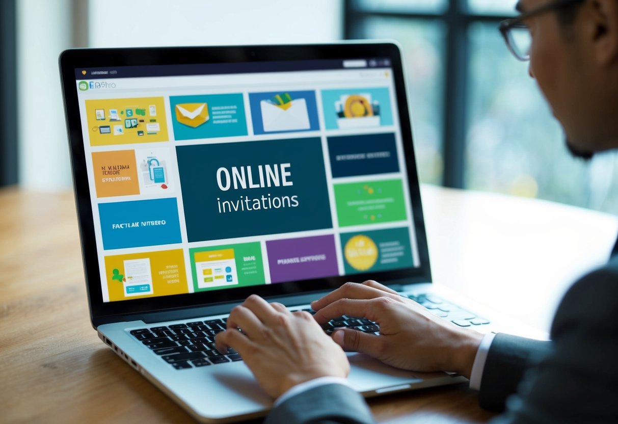 A laptop displaying various online invitation sites with colorful and attractive designs. A person browsing through options with a thoughtful expression