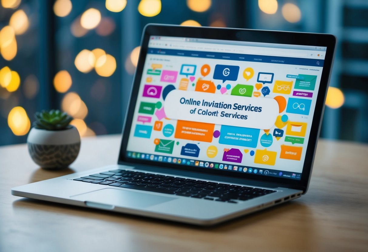 A laptop open to a variety of online invitation services, with colorful and creative designs displayed on the screen