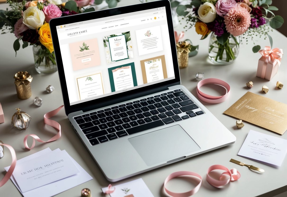 A laptop open to a website with various invitation templates displayed, surrounded by event planning materials like flowers, ribbons, and party favors