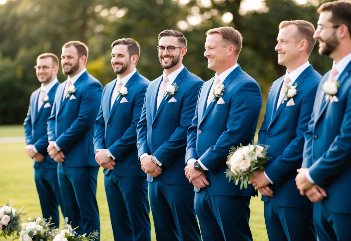 A group of groomsmen stand in a line, wearing matching suits and holding bouquets. They are smiling and chatting, creating a sense of camaraderie and importance