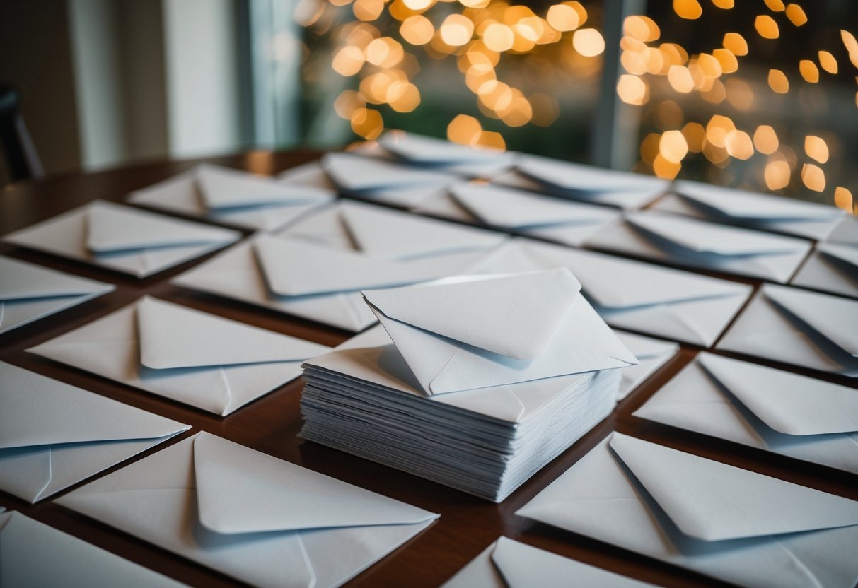 A table with 200 blank invitations and a stack of envelopes