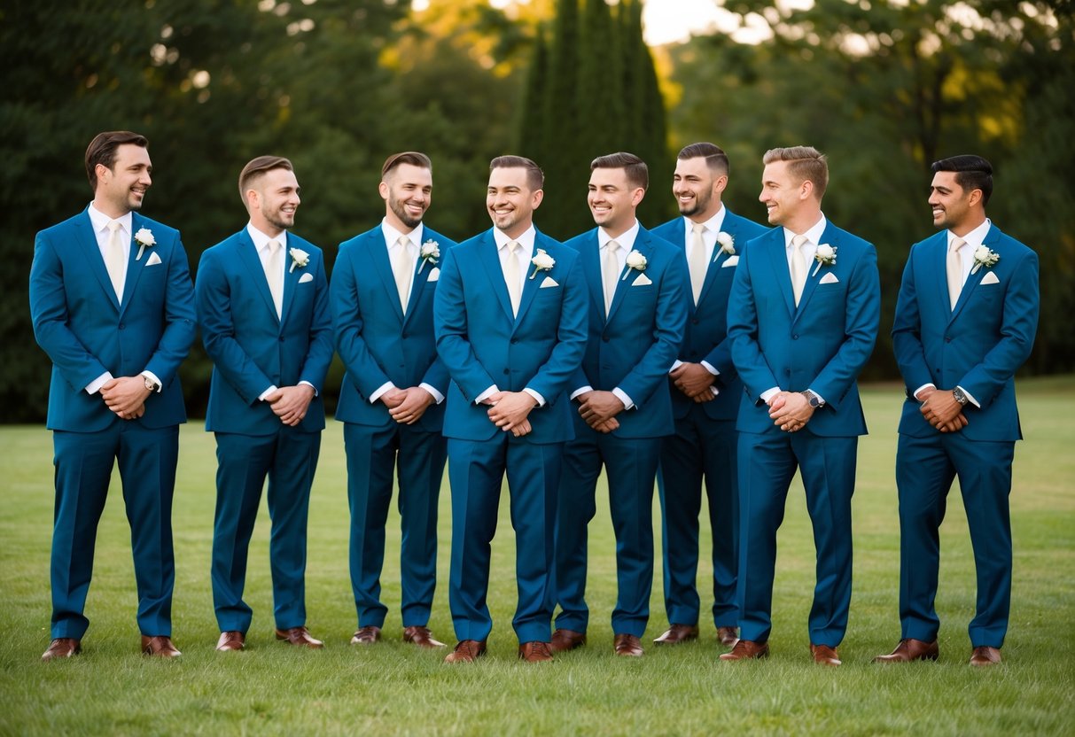 A group of groomsmen stand in a line, wearing matching suits and boutonnieres. They chat and laugh while getting ready for the wedding