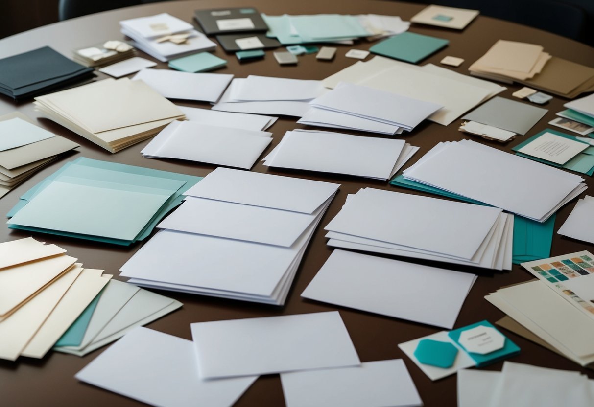 A table with 200 blank invitations spread out, surrounded by various design options and materials
