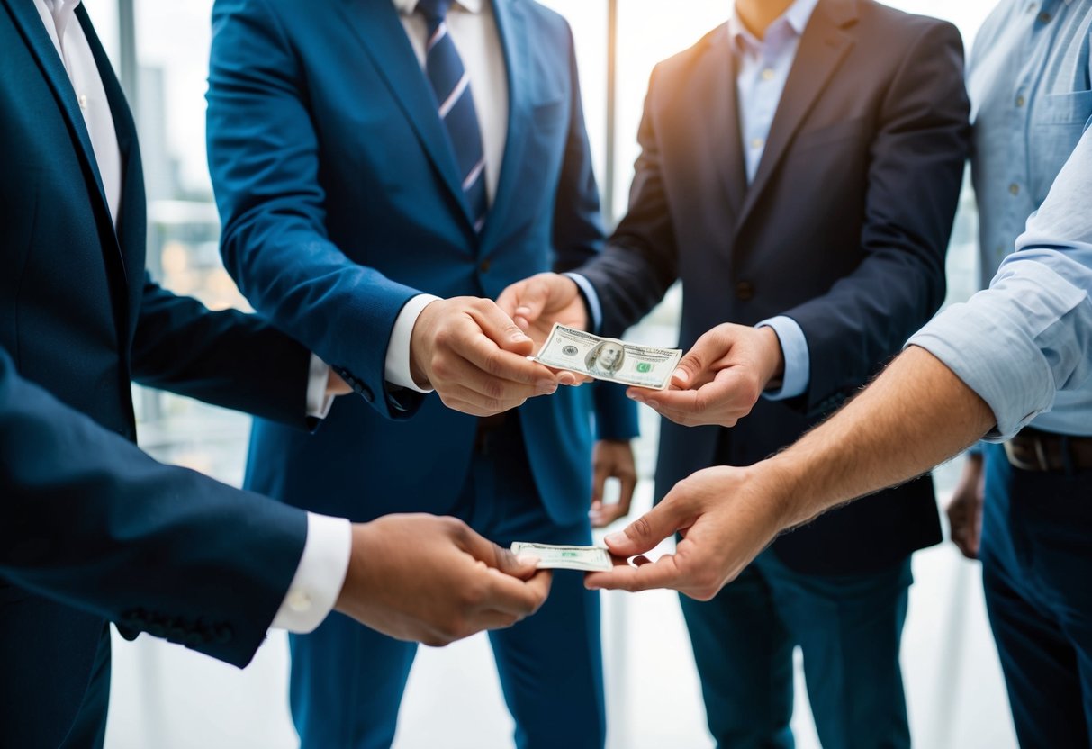 A group of men standing together, one handing over money to another