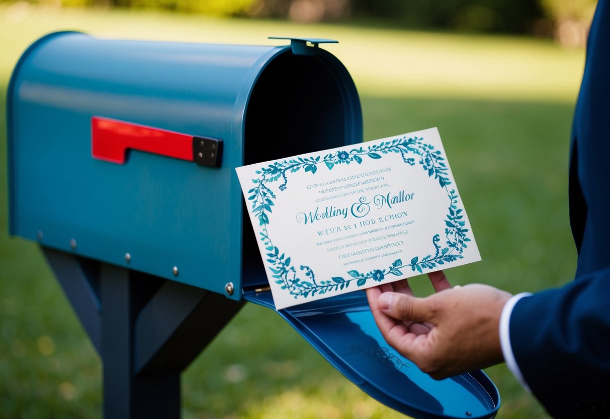 A beautifully decorated wedding invitation being placed in a mailbox