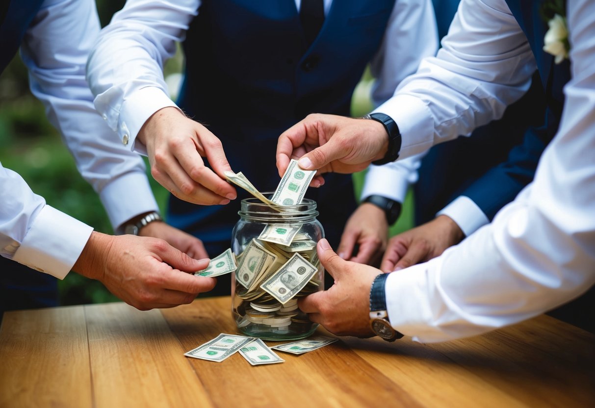 A group of groomsmen pooling money into a jar or envelope
